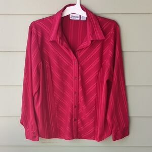 Joanna Petite Women's Red Metallic Striped Button Down Shirt Top Long Sl PXL